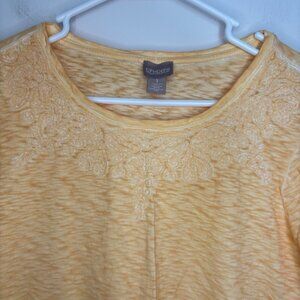 CHICO'S 3/4 Sleeve Embellished Neckline Womens M Yellow Dyed Casual Cotton